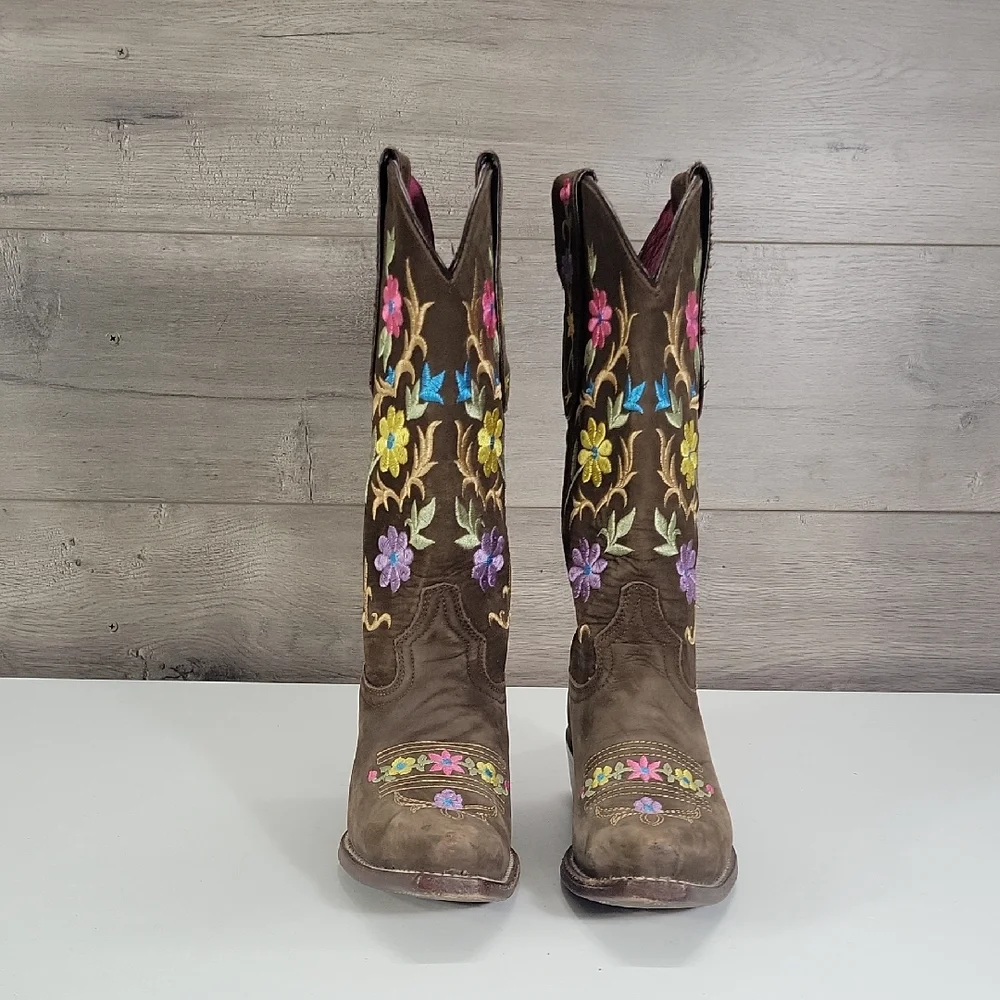 Girls El General Brown Leather Cowboy Boots with Floral Embroidery Sz 6